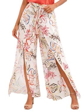 CeCe Red Floral Tie Front Overlay Wide Leg Palazzo Pants‎ Women's Large Resort